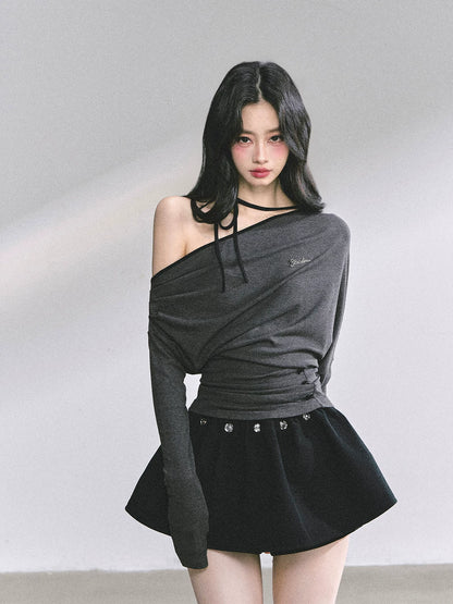 Off-Shoulder Halter Long-Sleeve T-Shirt