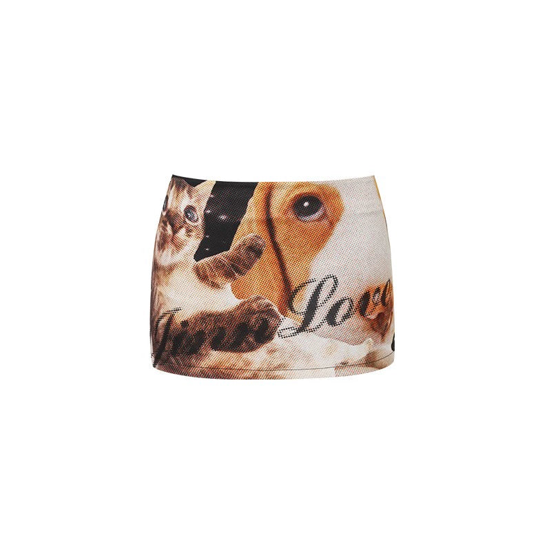 Big Nose Dog &amp; Lap Cat Satin Printed Mini Skirt - CHINASQUAD
