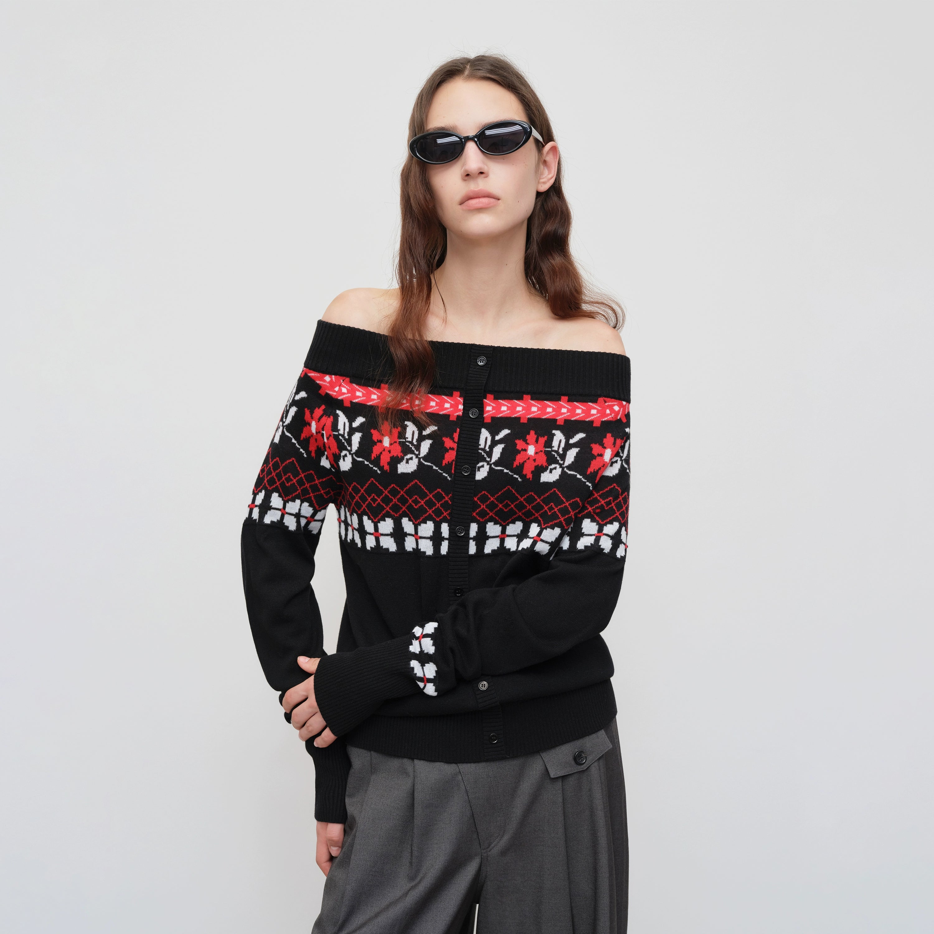 Air Isle Off-Shoulder Wool Knit Sweater