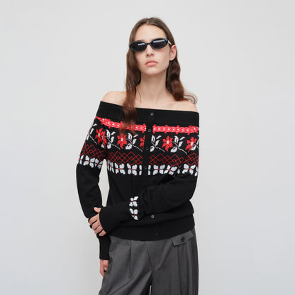 Air Isle Off-Shoulder Wool Knit Sweater