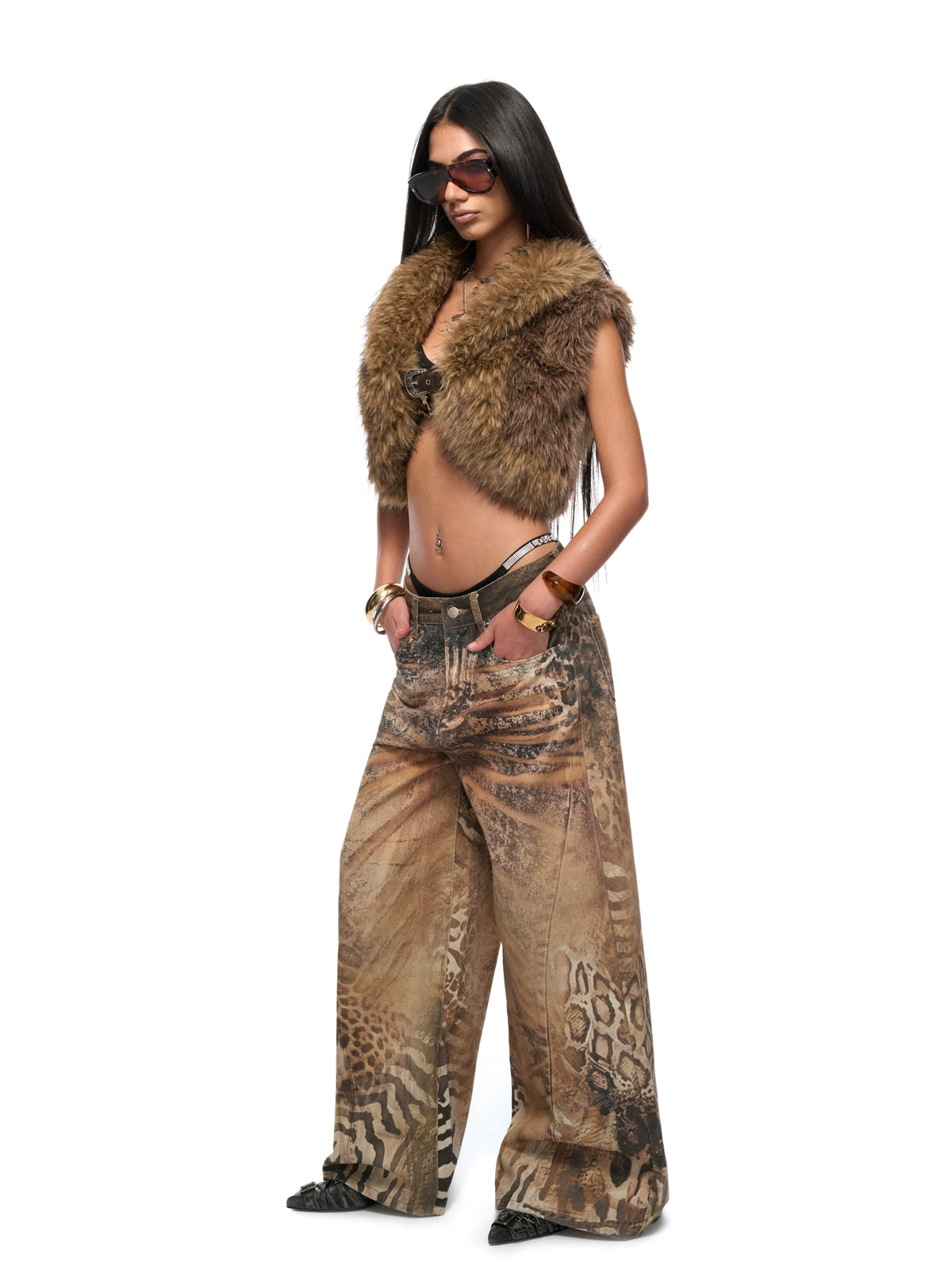 Brown Faux-Fur Spliced Sleeveless Vest
