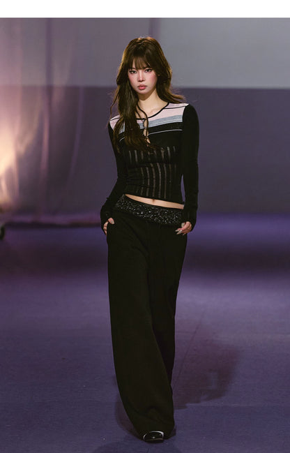 Cut-Out Contrast Knit Fitted Top