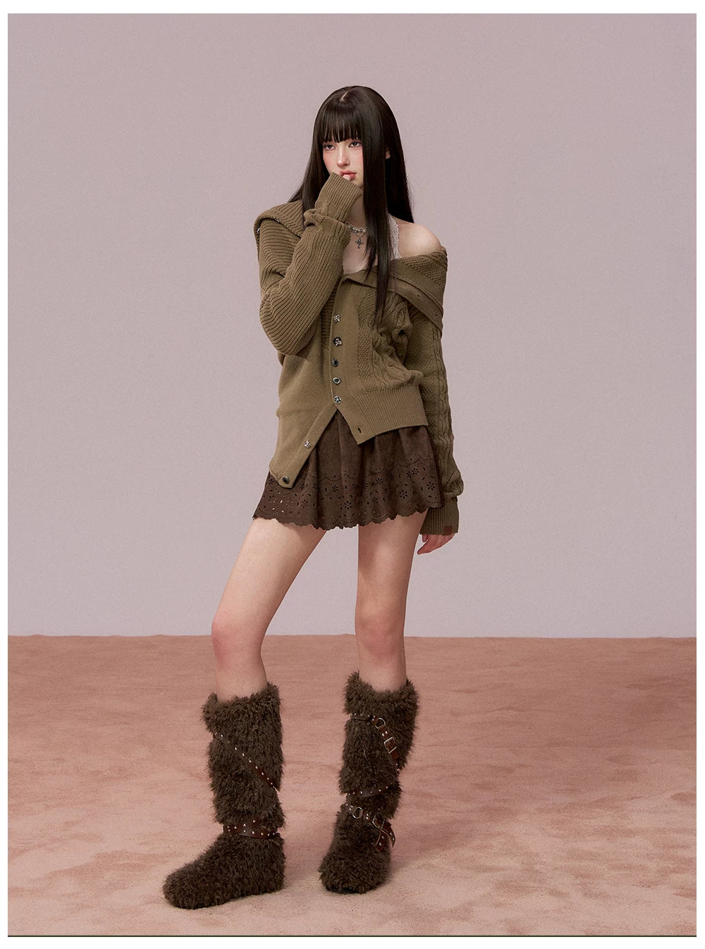 Oversized Collar Asymmetric Knit Sweater Jacket