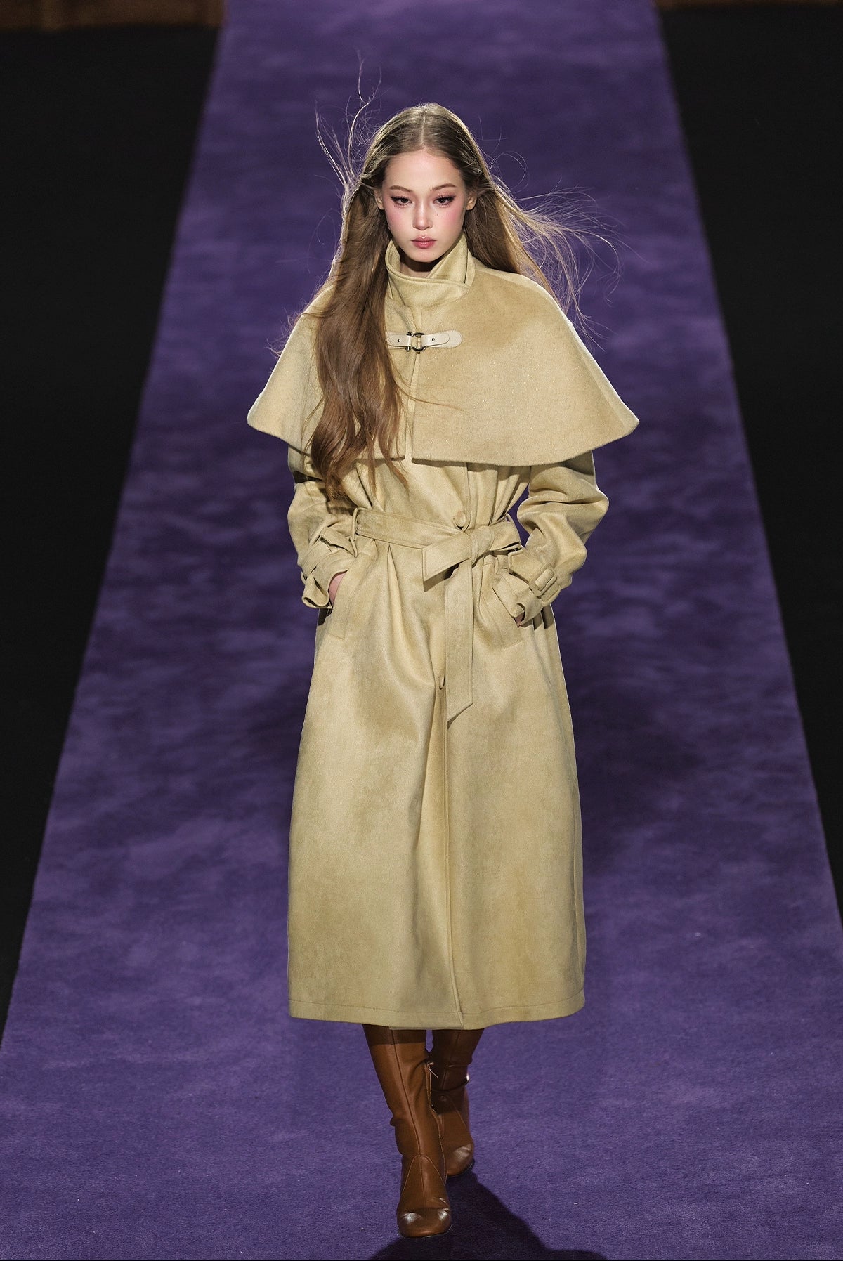 Shimmer Wool Cape Overlay &amp; Suede Long Detachable Belt Coat