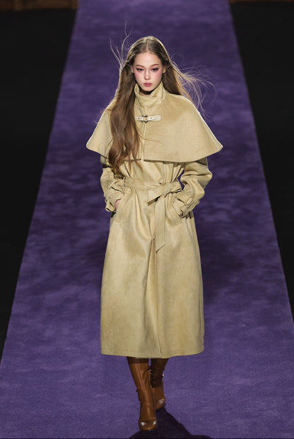Shimmer Wool Cape Overlay &amp; Suede Long Detachable Belt Coat