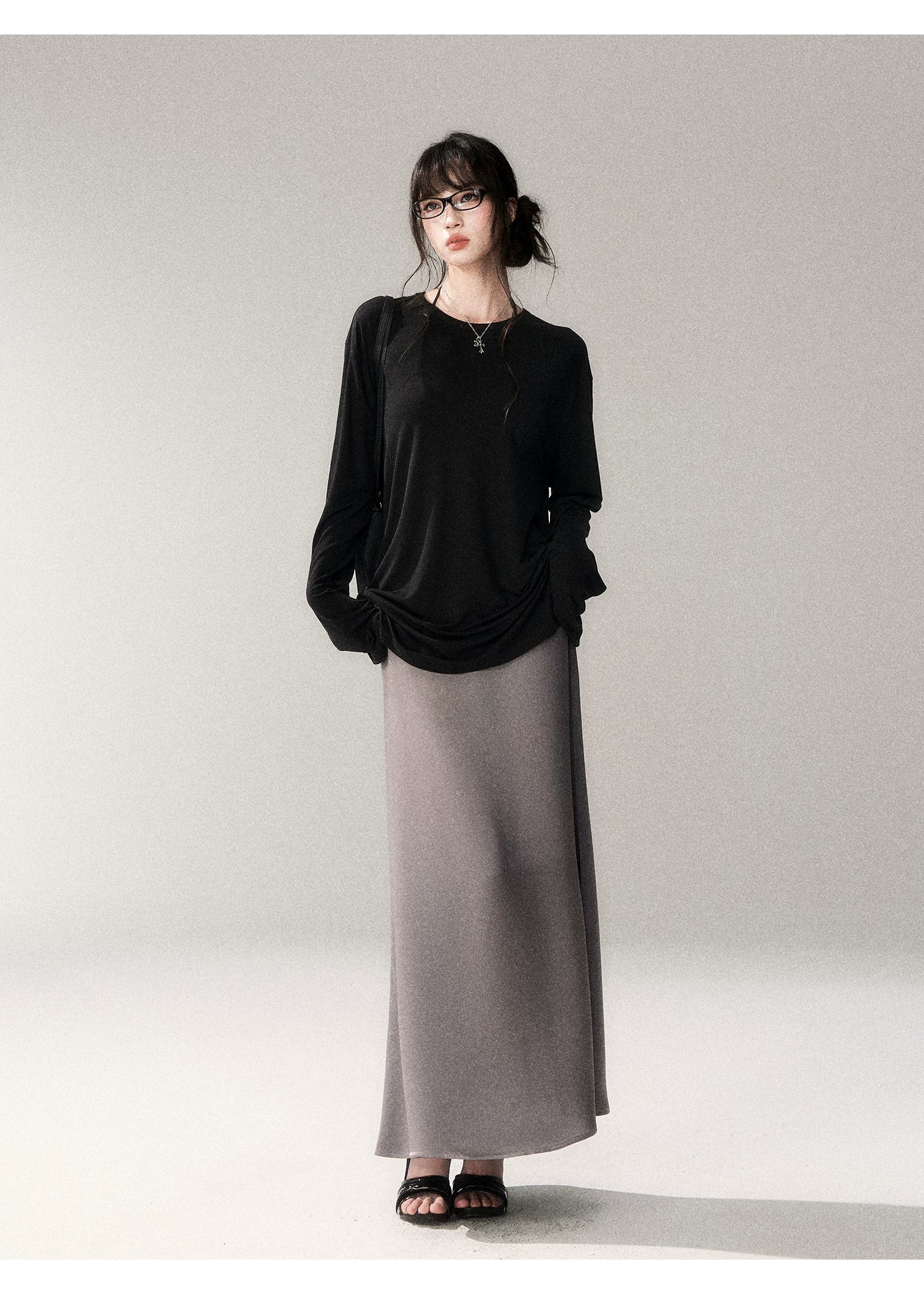 French Satin Acetate A-Line Midi Skirt