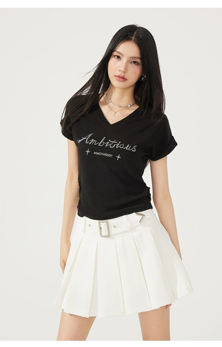 V-neck Waist-cinching Rhinestone Tee