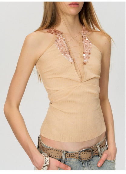 Vintage Deep V Sequin Halterneck Slim Fit Tank Top