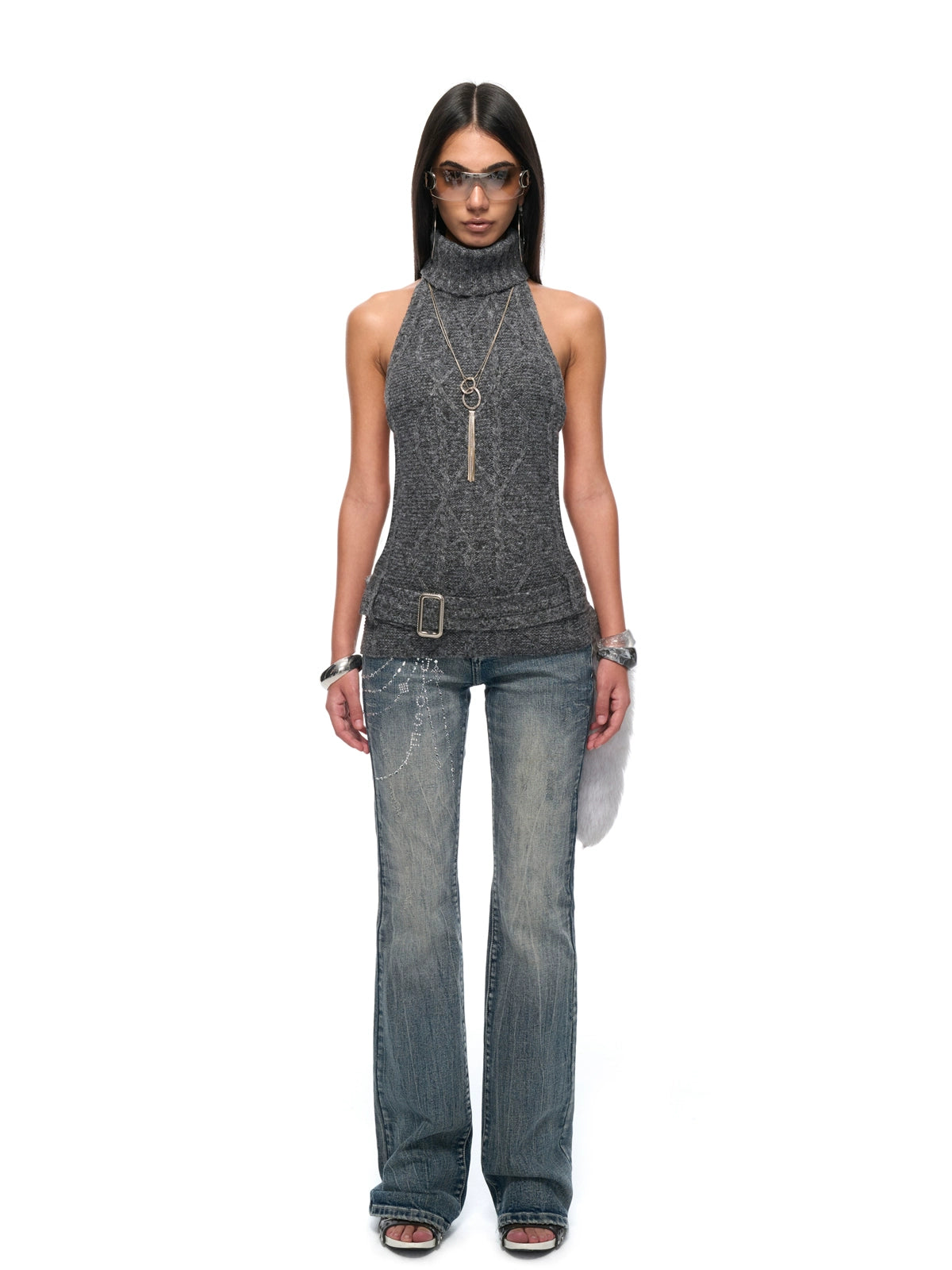 Backless High-Neck Cable-Knit Sweater