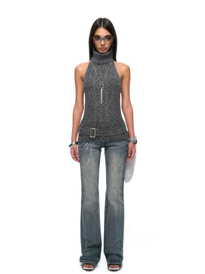 Backless High-Neck Cable-Knit Sweater