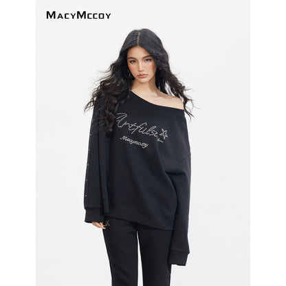 Studded Letter Off-Shoulder Sweatshirt