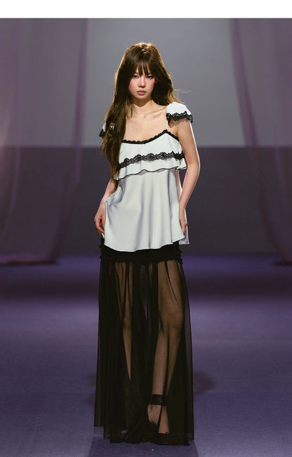 Contrast Lace Satin Off-Shoulder Camisole Top
