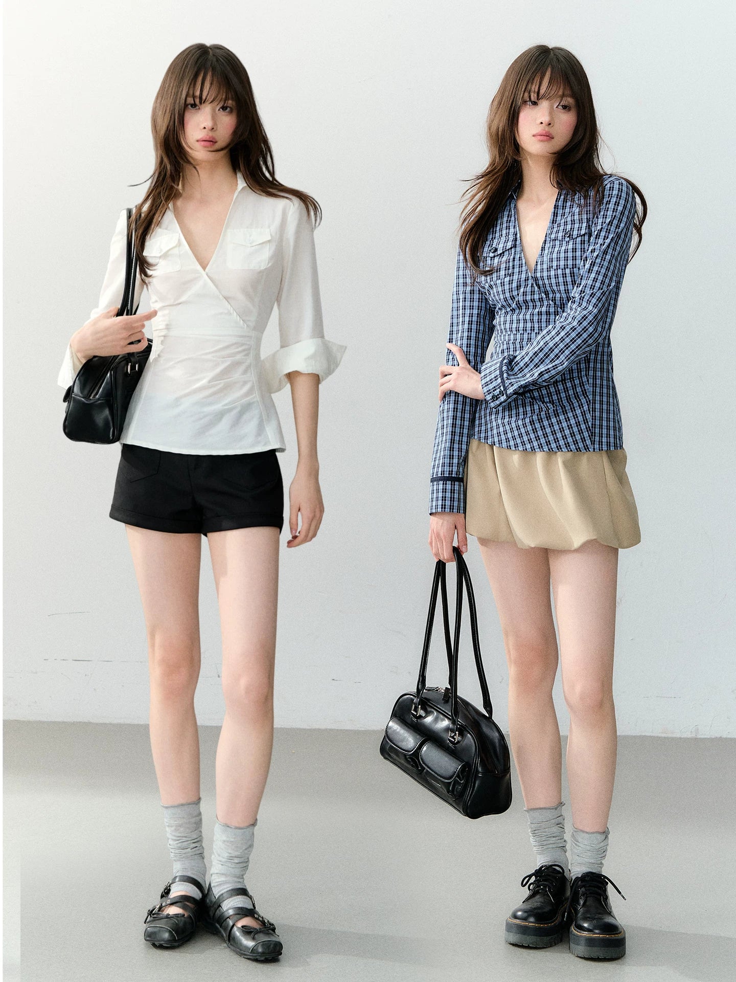 Wrapped V-Neck Plaid Shirt