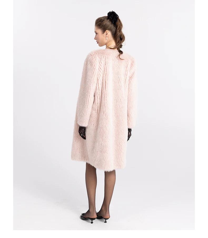 Round-Neck Eco-Faux Fur Long Coat