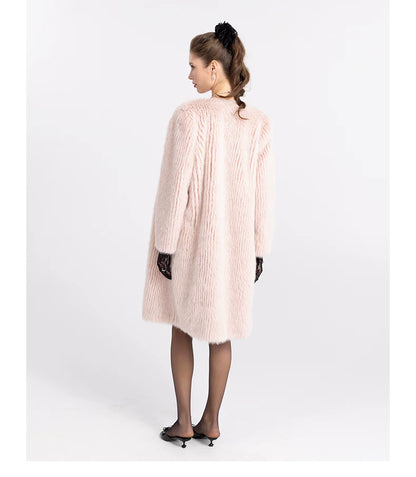 Round-Neck Eco-Faux Fur Long Coat