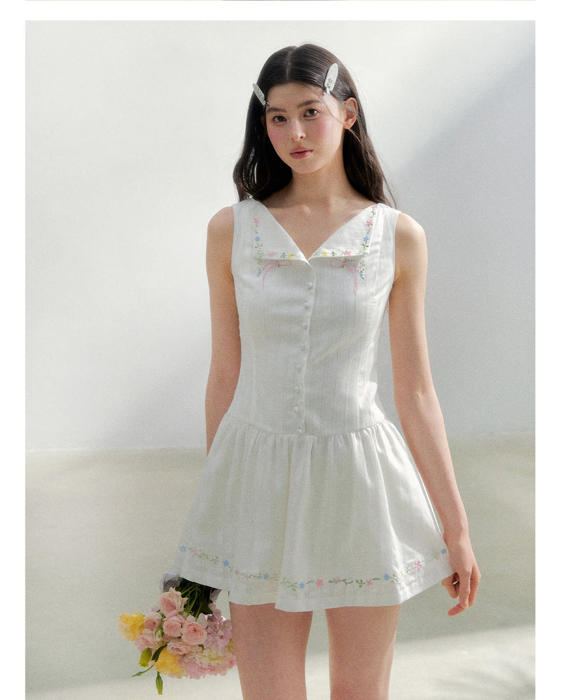 Embroidered Waist-Cinched White Dress