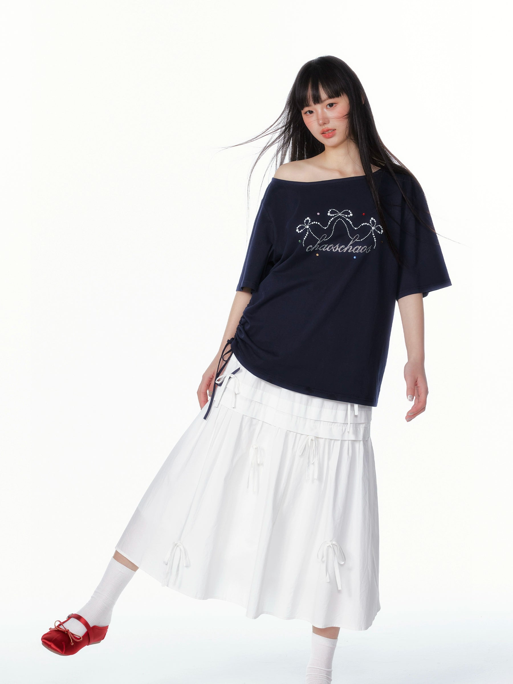 Asymmetric Bow &amp; Pearl Off-Shoulder T-Shirt