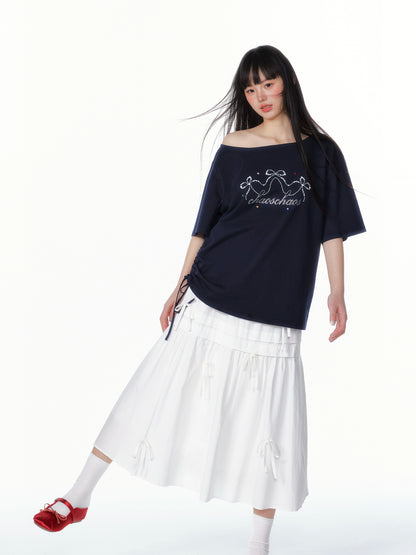 Asymmetric Bow &amp; Pearl Off-Shoulder T-Shirt