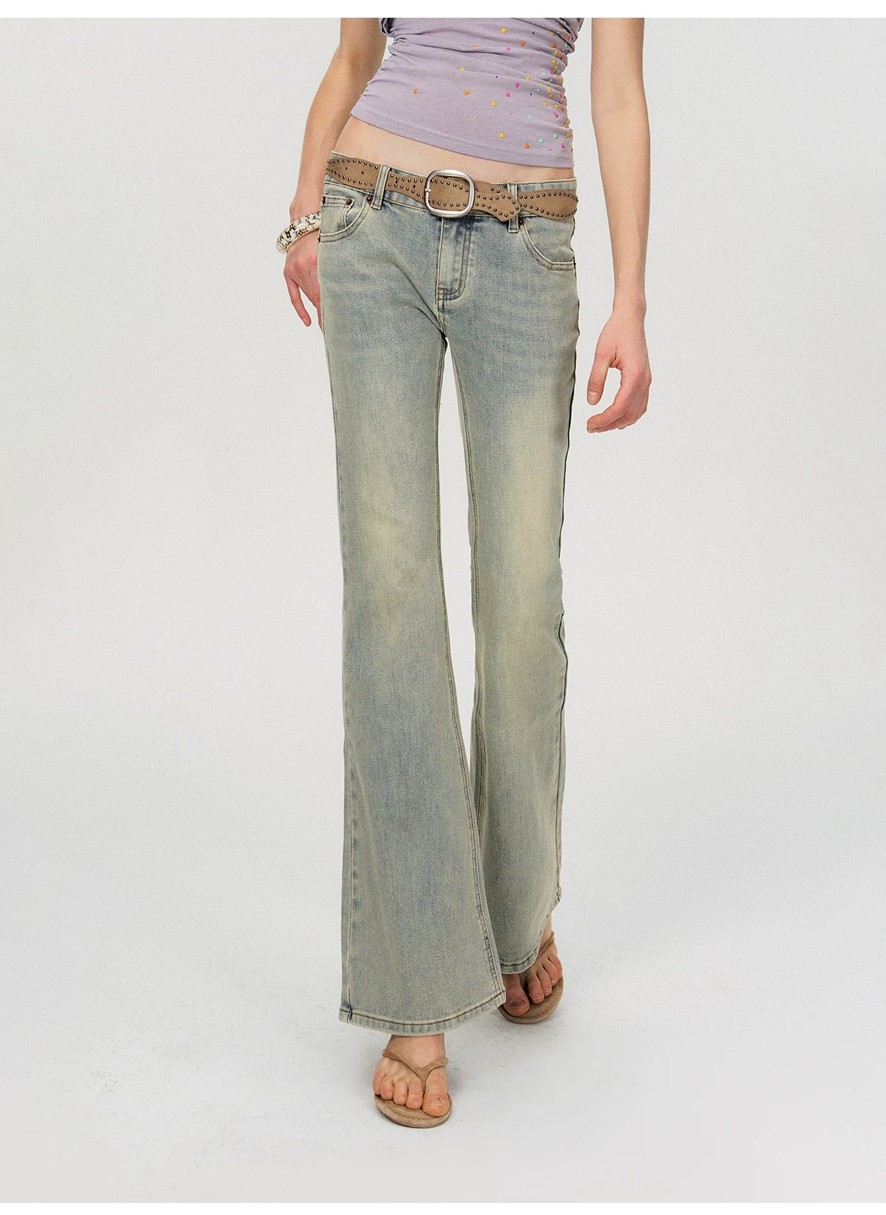 Vintage Washed Low-Rise Flared Denim Jeans