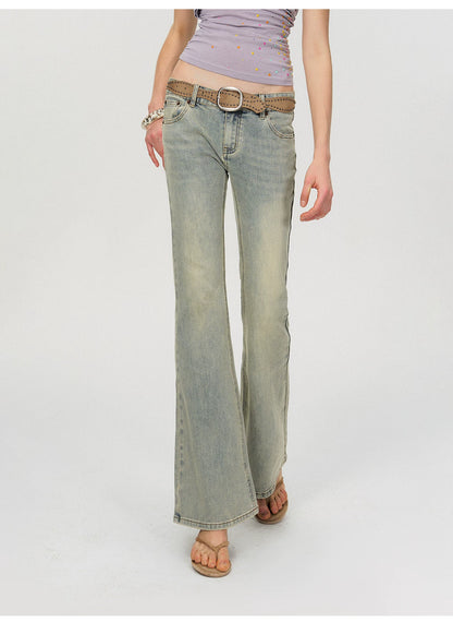 Vintage Washed Low-Rise Flared Denim Jeans