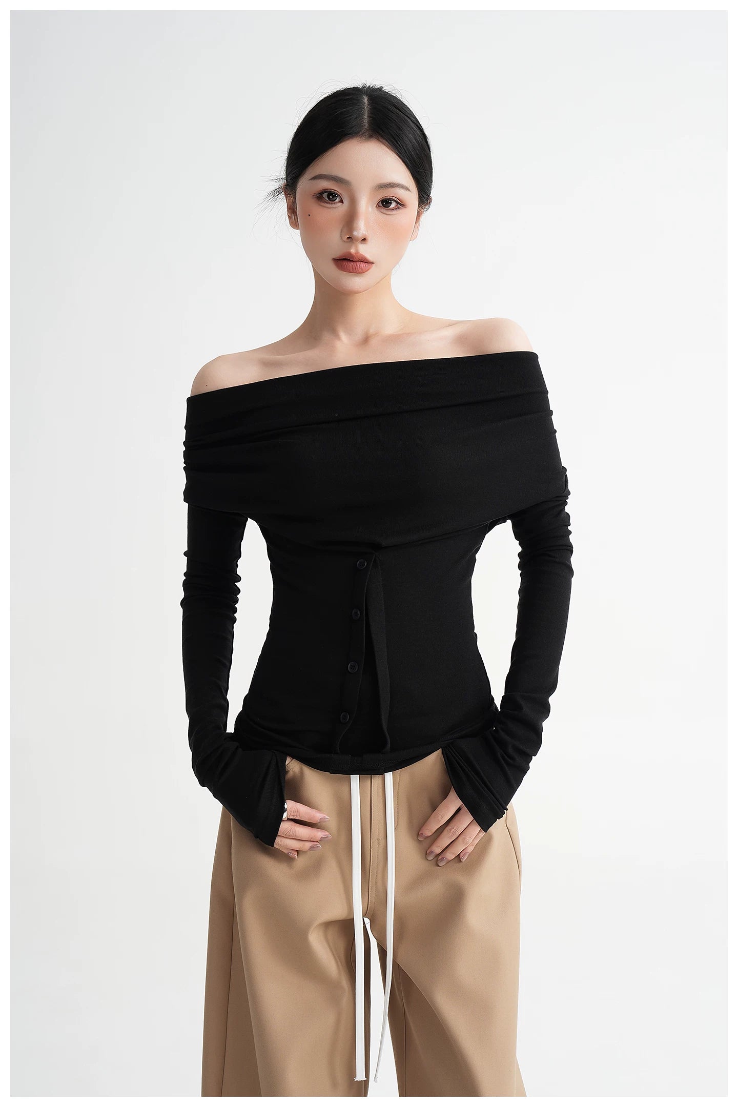 Neck Off-Shoulder Fitted Long Sleeve T-Shirt