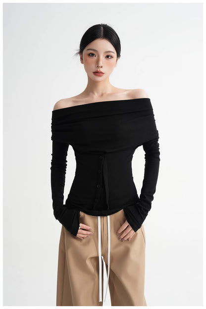 Neck Off-Shoulder Fitted Long Sleeve T-Shirt