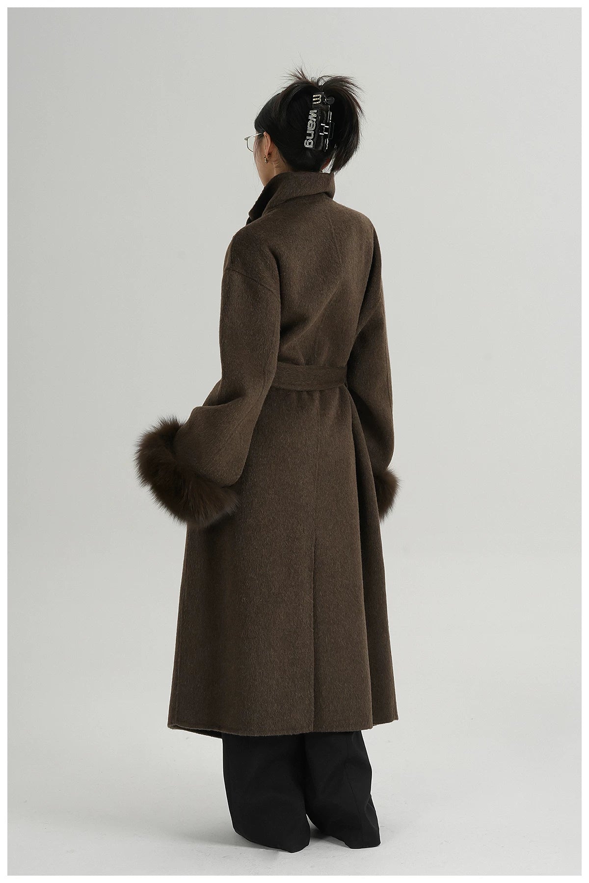 Elegant Fox-Fur Sleeve Long Wool Coat