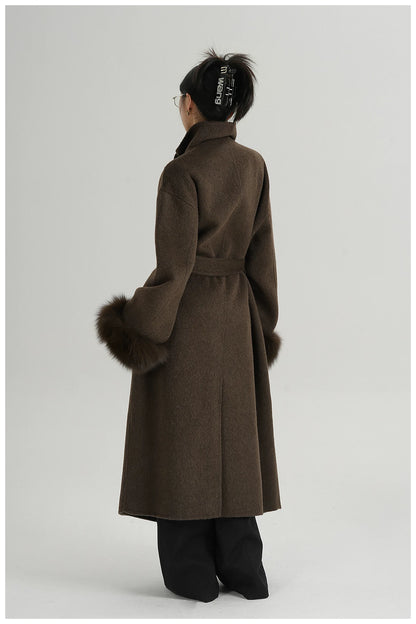 Elegant Fox-Fur Sleeve Long Wool Coat