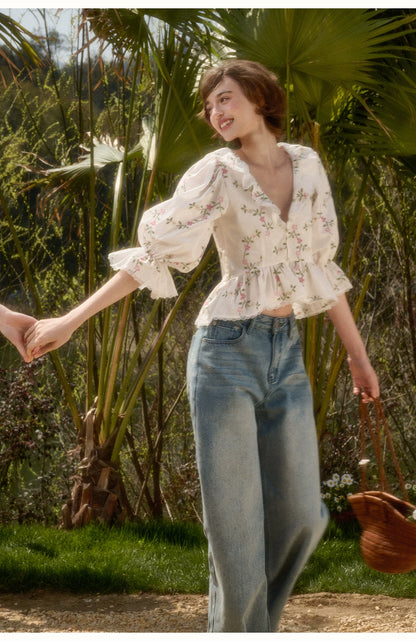 Vintage French Floral Cotton Ruffle Blouse