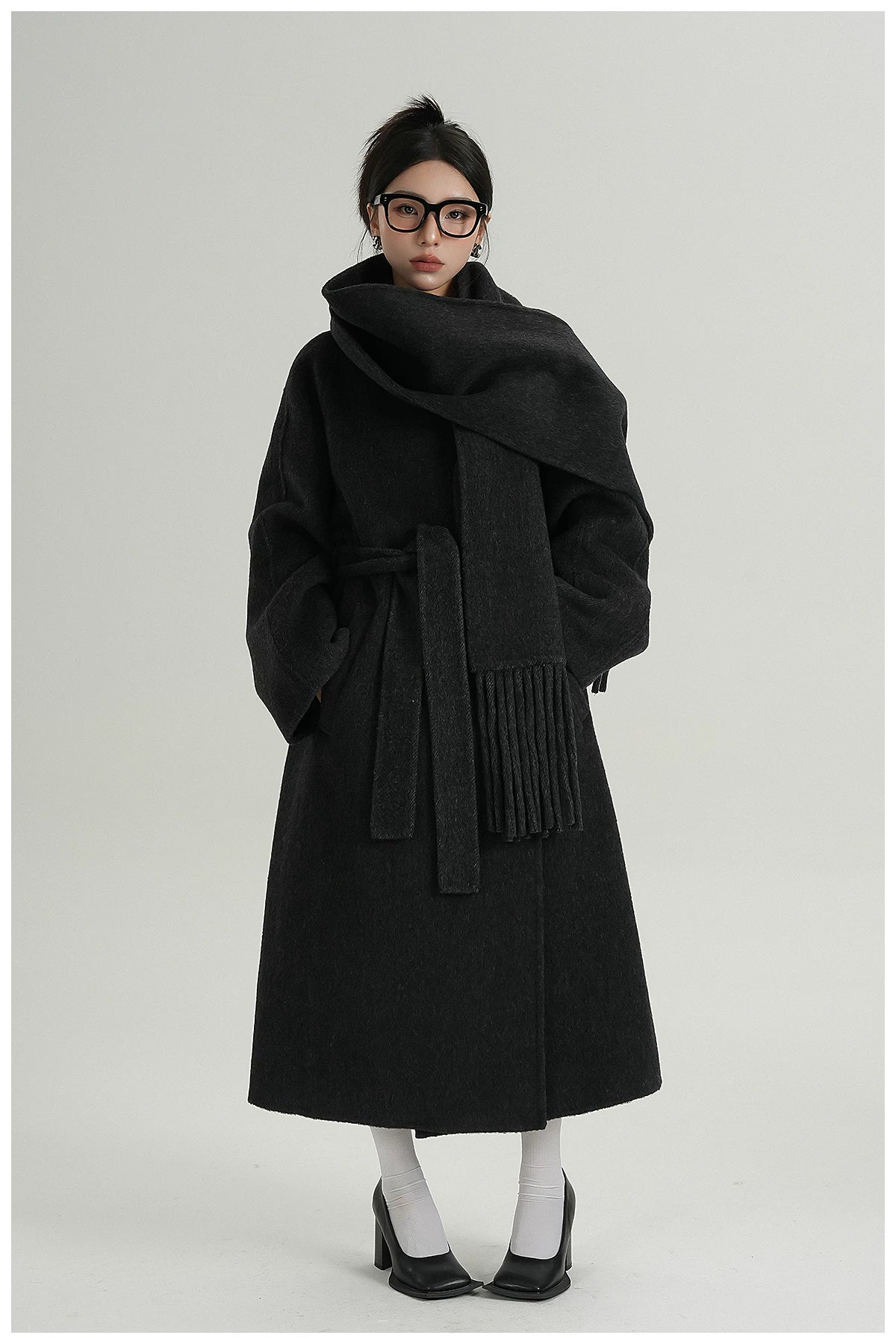 Fringe-Detail Wool Scarf-Style Long Coat