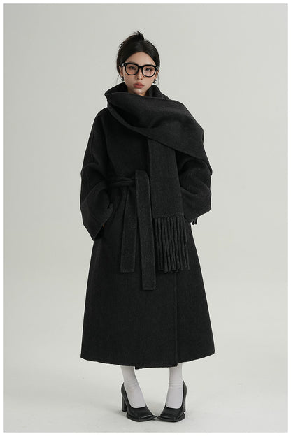 Fringe-Detail Wool Scarf-Style Long Coat