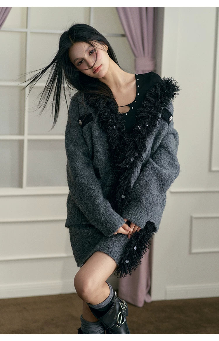 Gray Tassel Cardigan &amp; Skirt Set