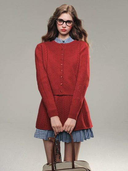 Pure Wool Knit Hollow Cardigan Set