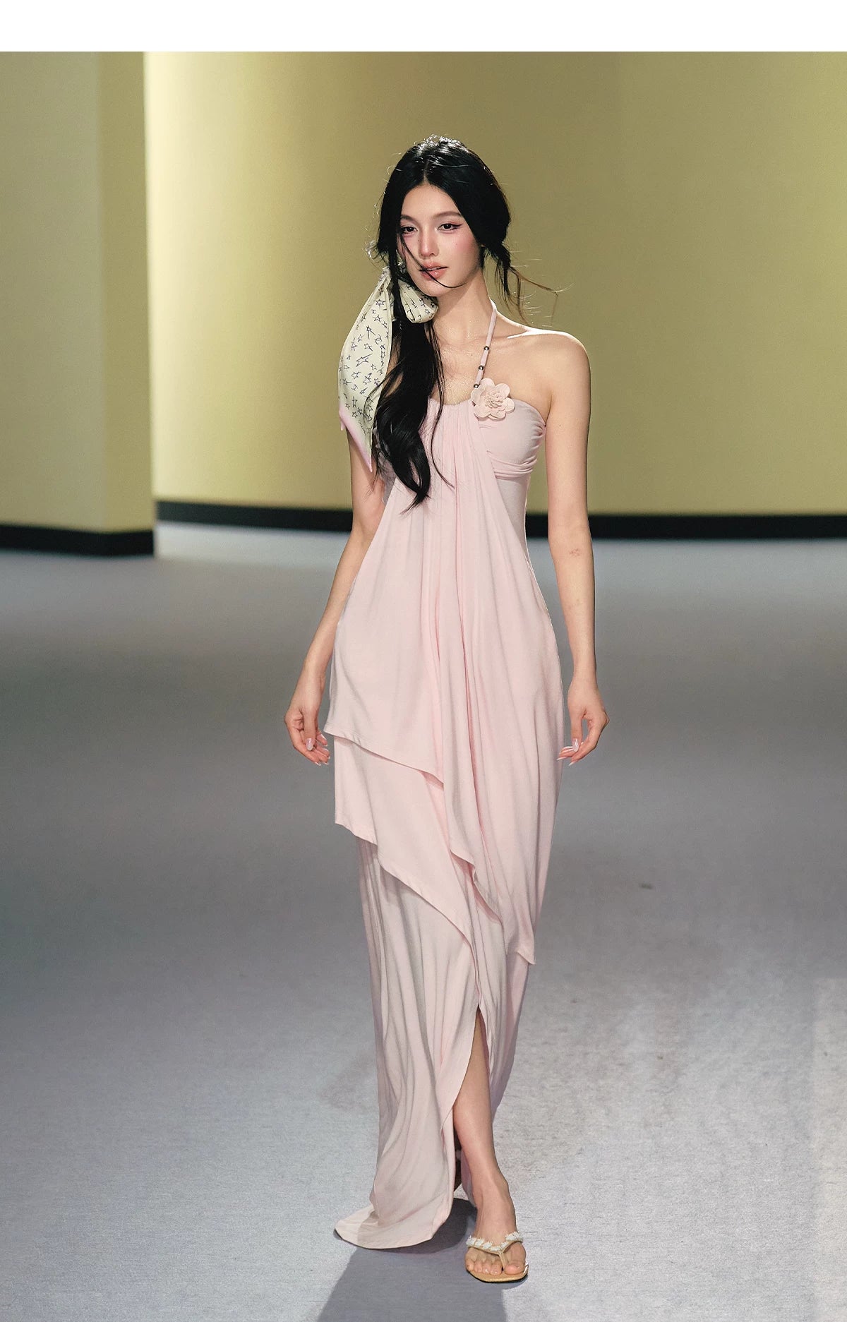 Blush Layered Halter Draped Maxi Dress