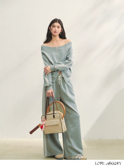 Off-Shoulder Zip-up Sweatshirt &amp; Pants Set - CHINASQUAD