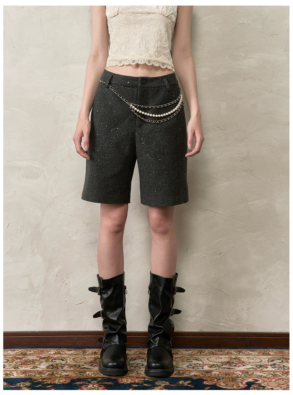 Irregular Silver-Dot Wool Blend Loose Shorts