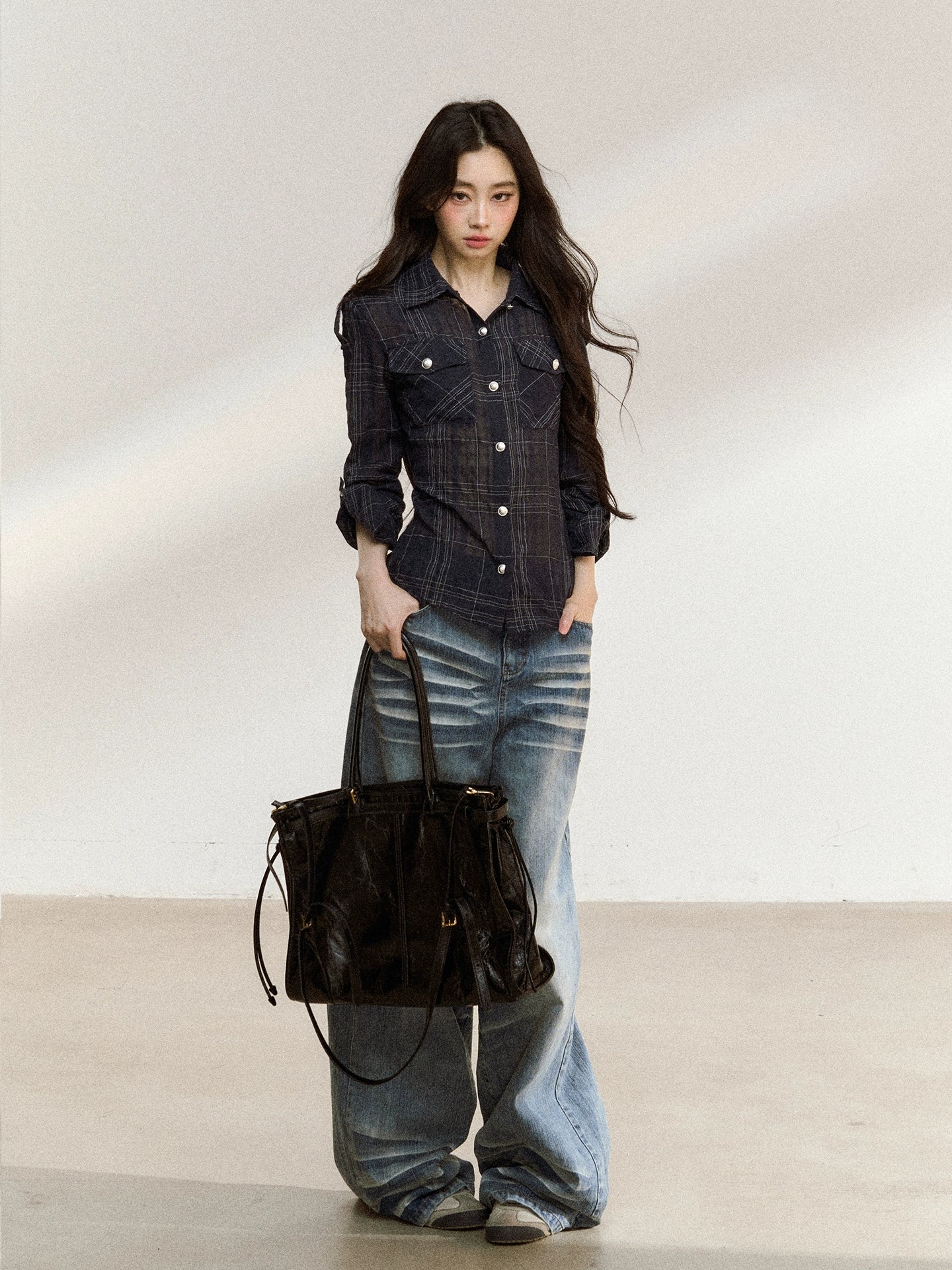 Asymmetric Plaid Cotton-Linen Shirt