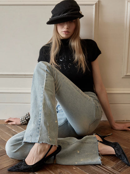 High-Waist Belted Slight-Flare Jeans