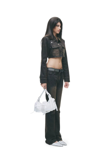 Y2K Washed Denim Cropped Set with Embroidered Patch Detail