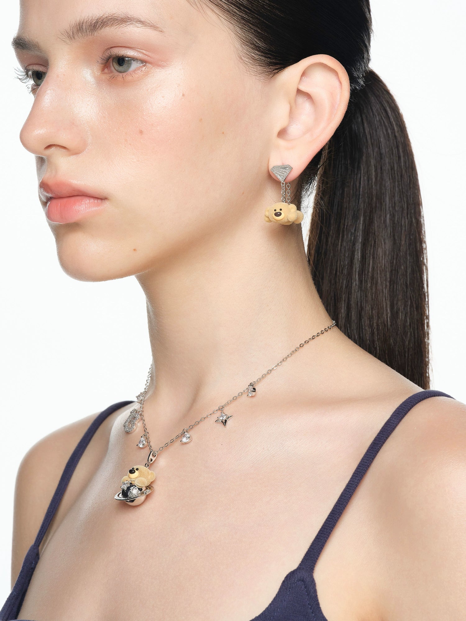 Playful Planet Flocked Bear Pendant Necklace