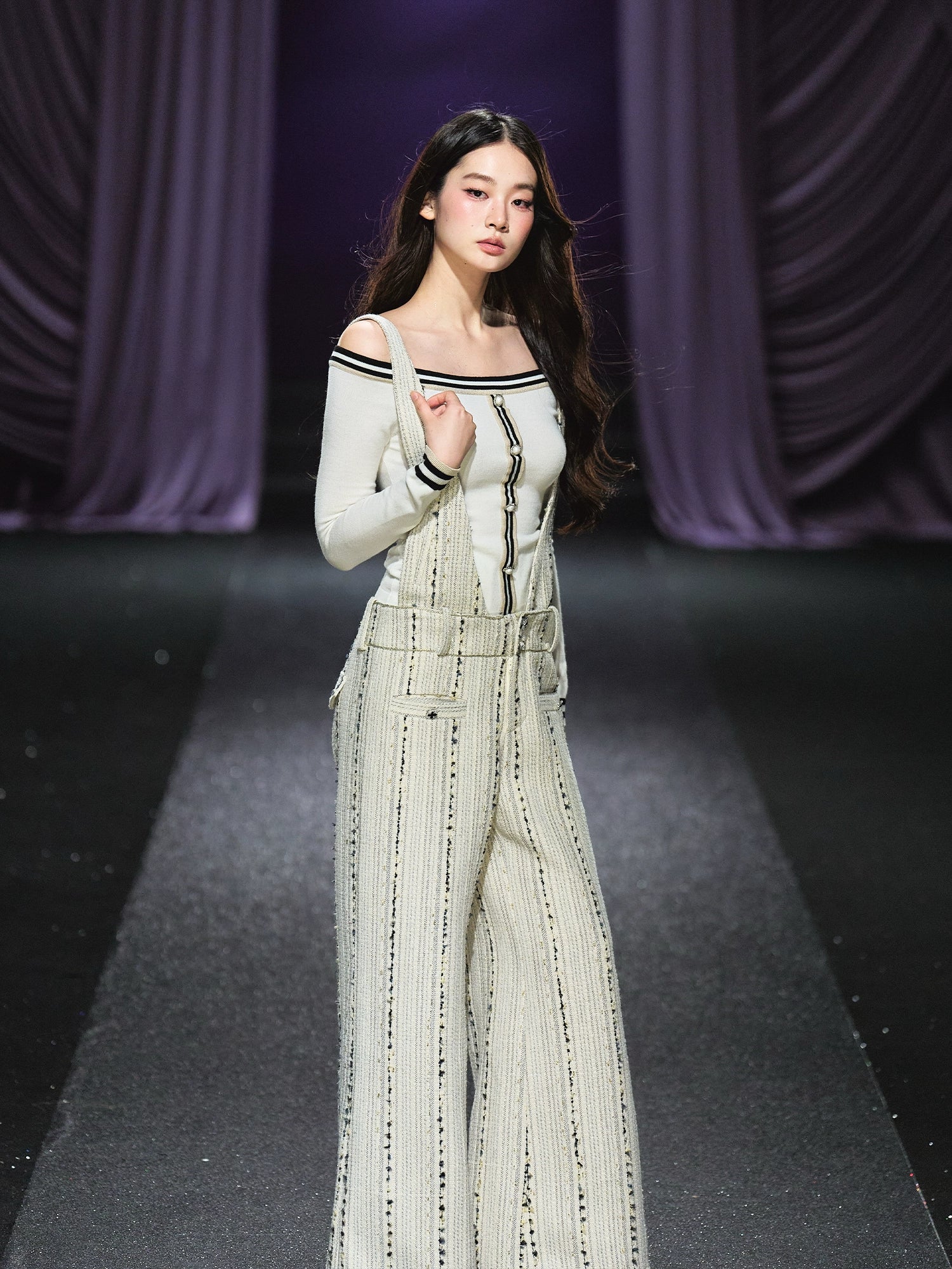 Tweed-Inspired V-Neck Wide-Leg Jumpsuit