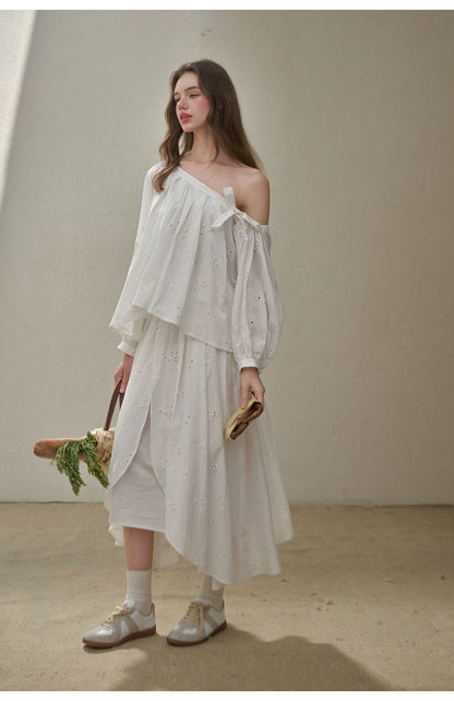 “Good Weather” Embroidered Cotton Blouse &amp; Skirt Set