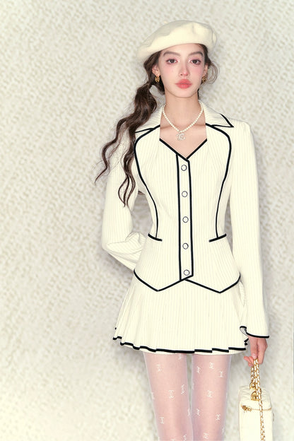 White Striped Waist-fitted Jacket &amp; Short Skirt Set - CHINASQUAD