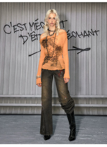 Lyocell Off-Shoulder Knit Crewneck