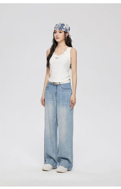 Blue Lyocell Tencel Jeans Wide-Leg Pants