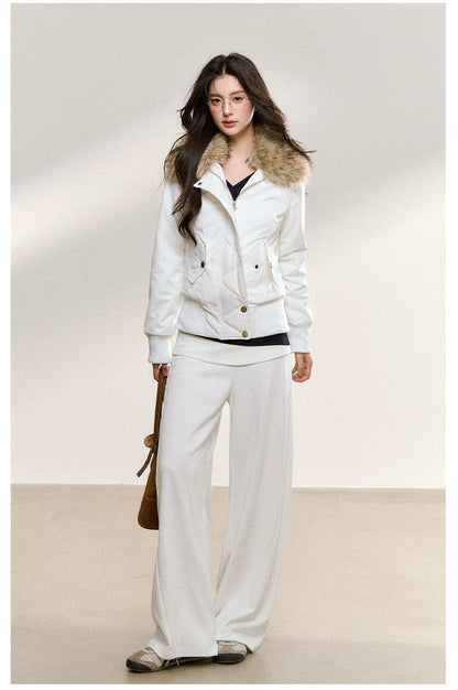 White Faux Fur Collar Quilted Short Jacket