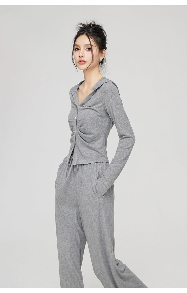 Black &amp; Gray V-neck Hooded Cardigan &amp; Pant Set - CHINASQUAD