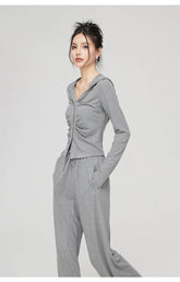 Black & Gray V-neck Hooded Cardigan & Pant Set - CHINASQUAD