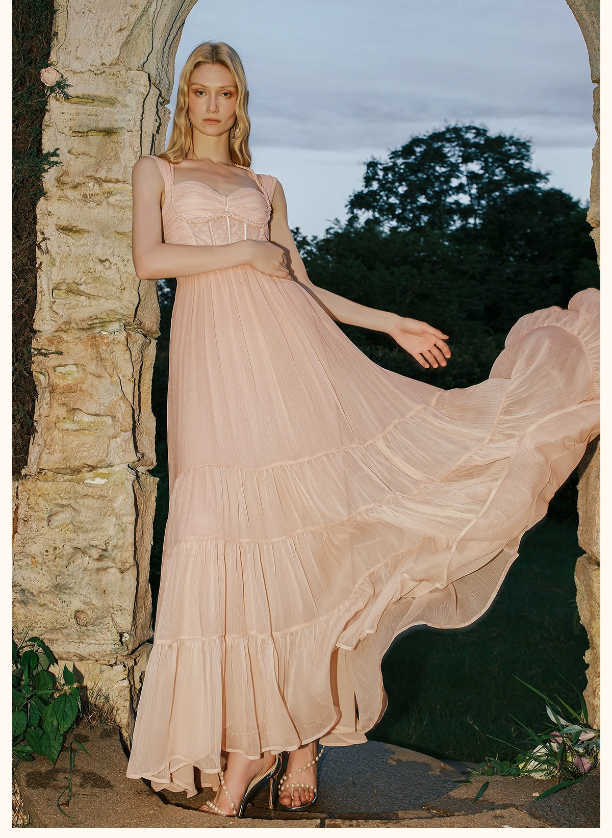 Tia Beaded Halter Chiffon Midi Dresses