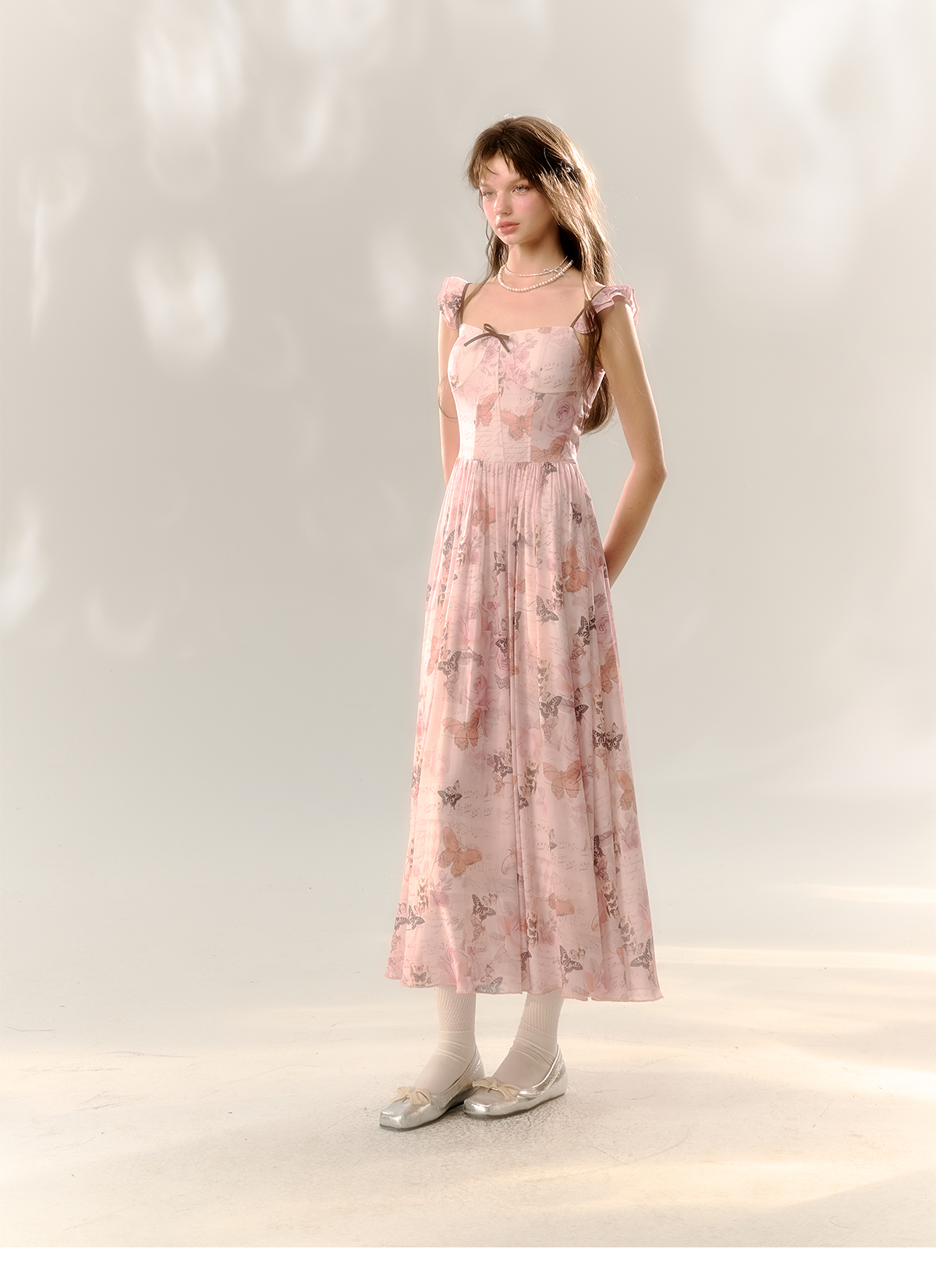 Pink Butterfly Print Square Neckline Dress